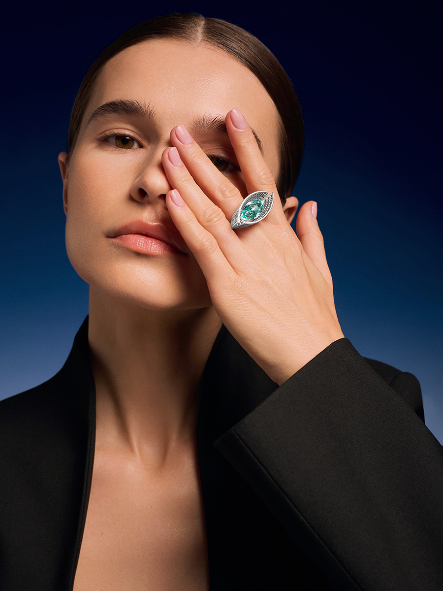 Кольцо из белого золота 585 с аквамарином аква сапфирами и бриллиантами  | 9101405-01912