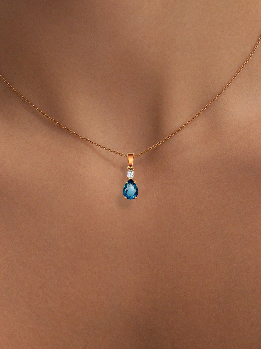 Подвеска золотая 585 с лондон‑блю топазом и фианитом  | 4101174-00740