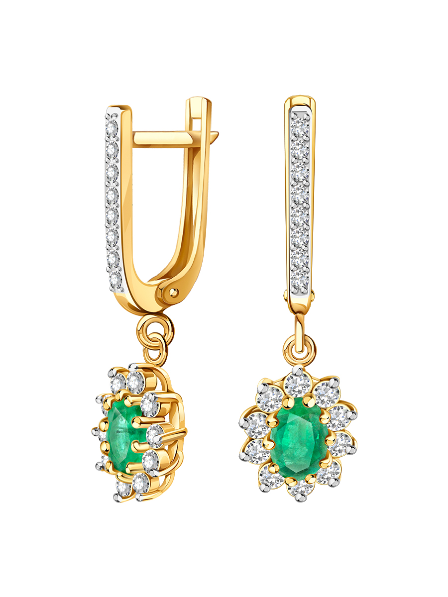 Серьги из желтого золота 585 с изумрудами и бриллиантами | 2100258-00061