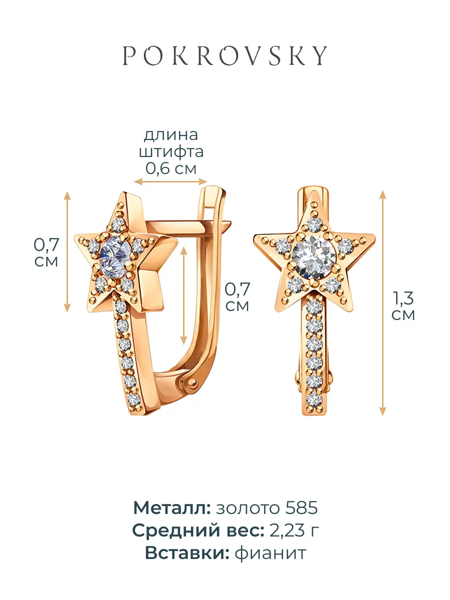 Серьги детские золотые 585 звезды с камнями фианитами | 0201516-00770