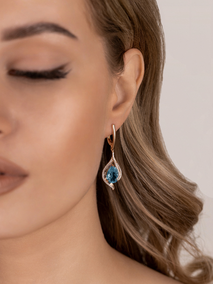 Серьги подвески золотые 585 с голубыми топазами и фианитами  | 2101257-00720