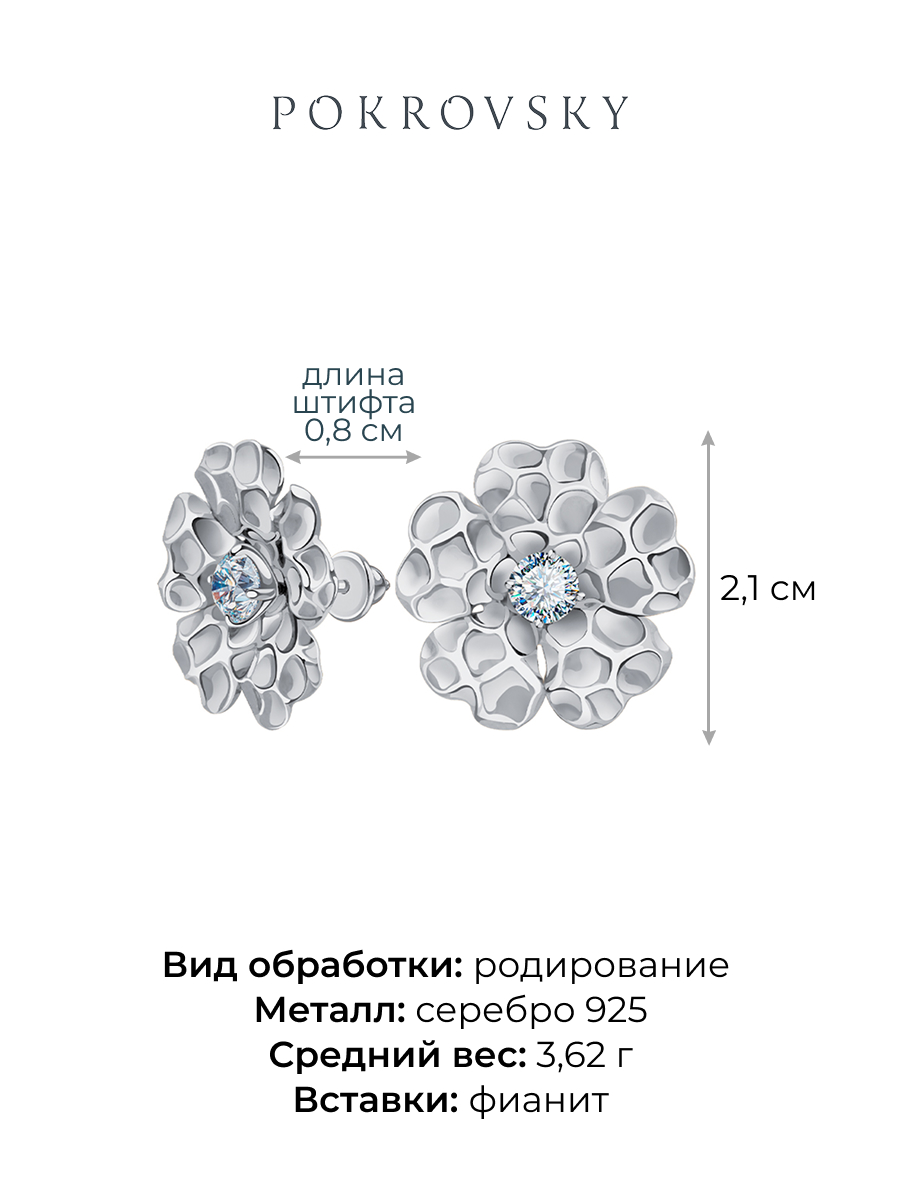 Серьги пусеты серебряные 925 цветы с фианитами | 6022300-00775