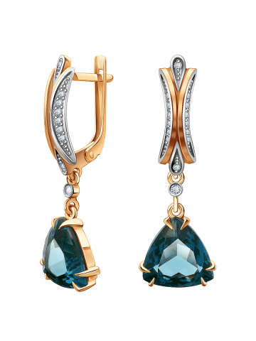 Серьги подвески золотые 585 с лондон‑блю топазами и бриллиантами 