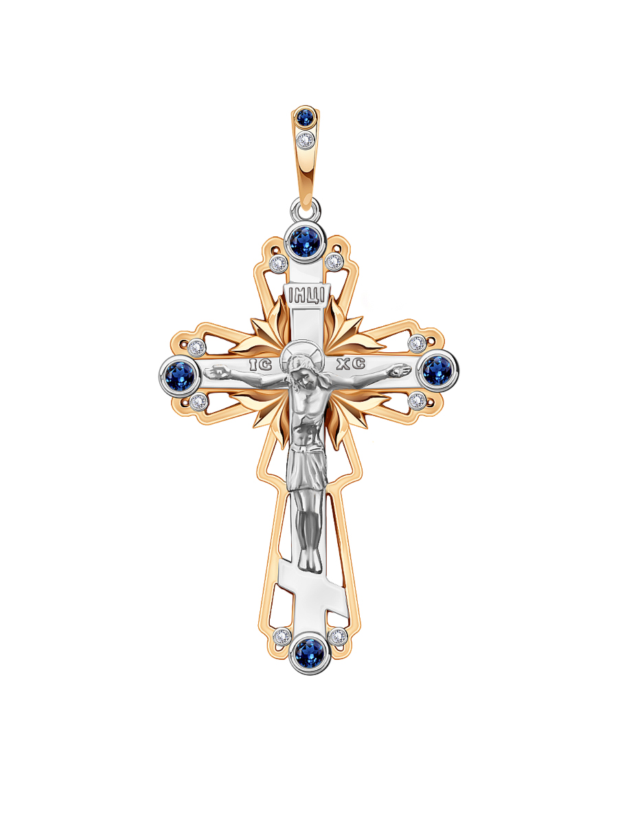 Крест мужской православный золотой 585 нательный с бриллиантами и сапфирами | 0800247-00056