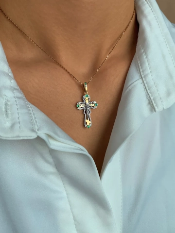 Крест православный золотой 585 с изумрудами и бриллиантами