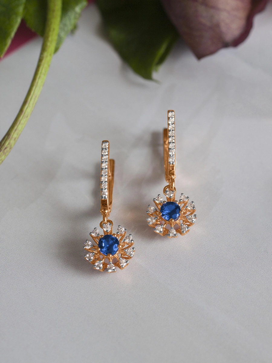 Серьги подвески золотые 585 с сапфирами и бриллиантами  | 2100236-00050