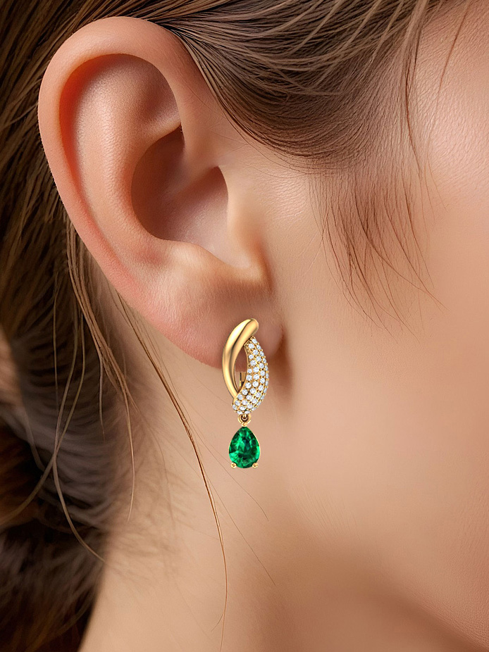 Серьги подвески золотые 585 с изумрудами и бриллиантами | 2100970-00060