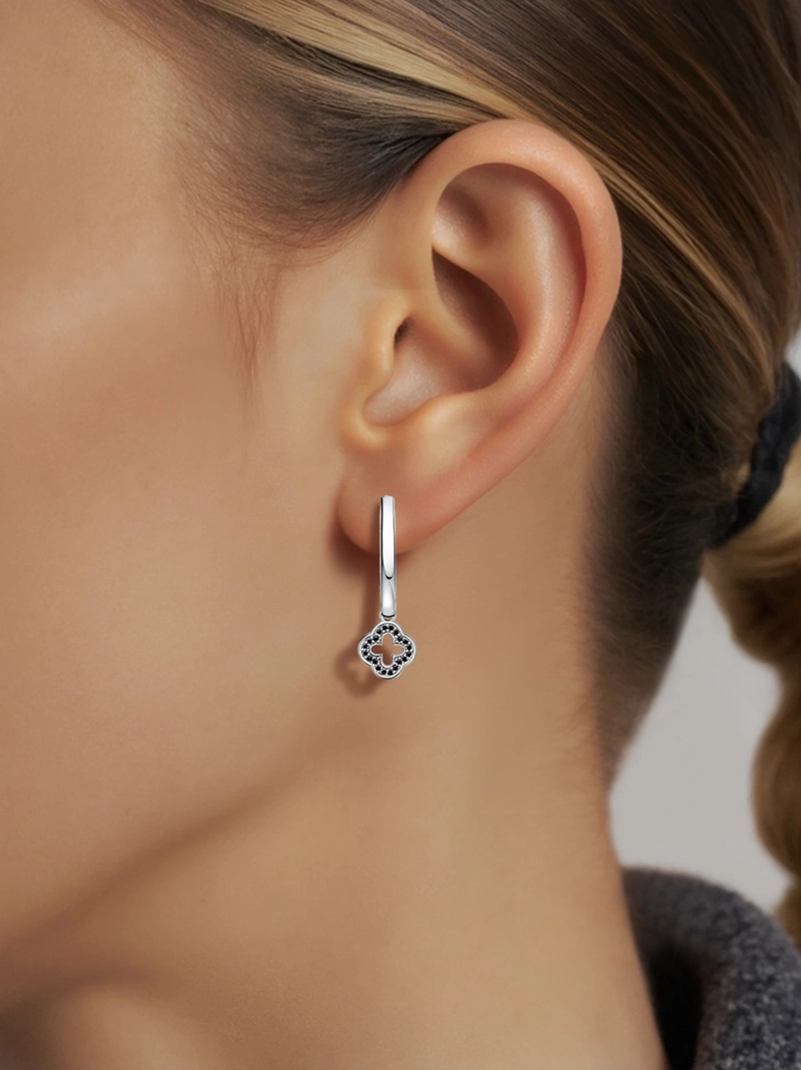 Серьги подвески из белого золота 585 клевер с черными бриллиантами | 0201937-00042