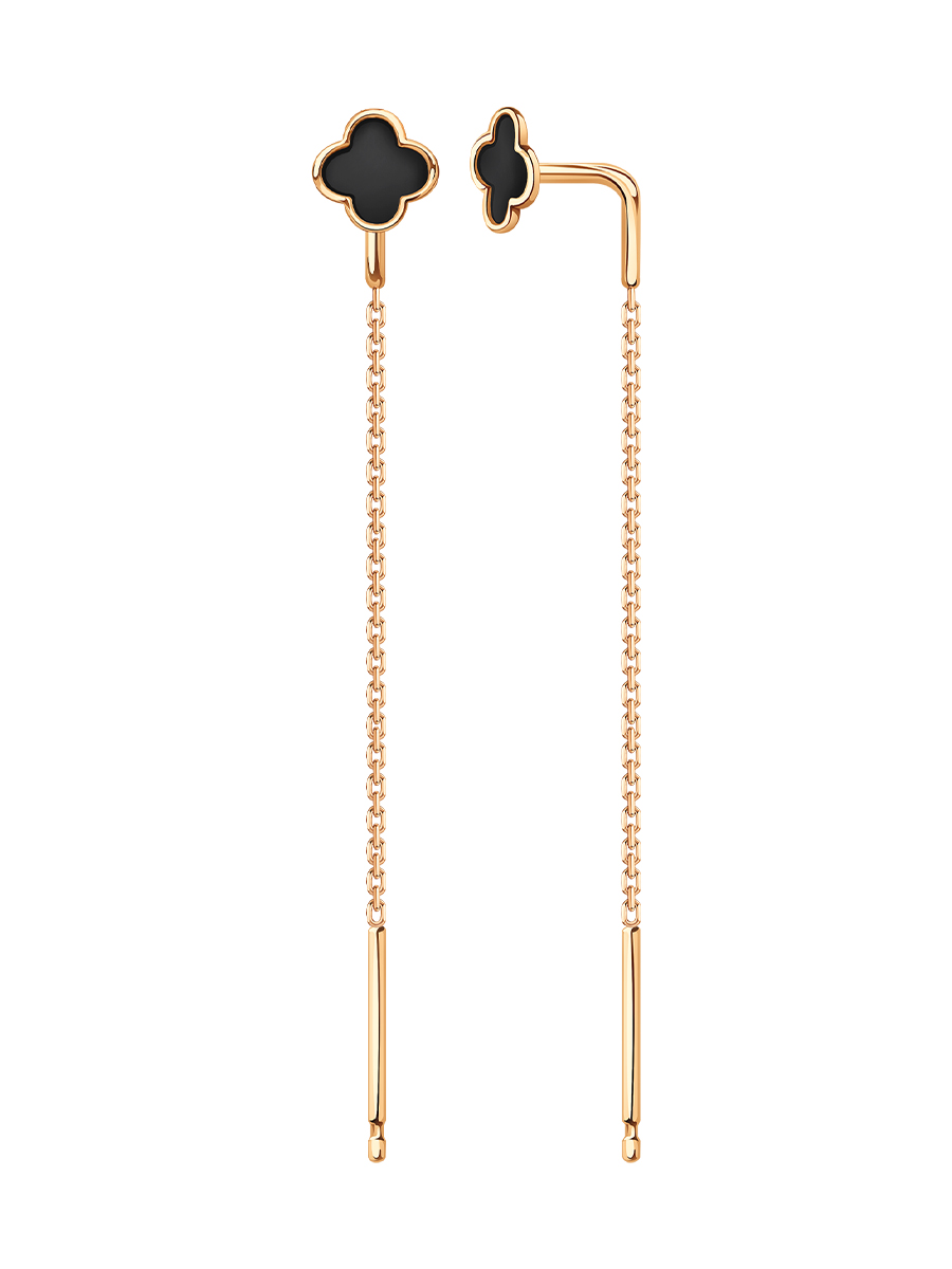 Серьги протяжки золотые 585 клевера с чёрной эмалью  | 0222273Л00870