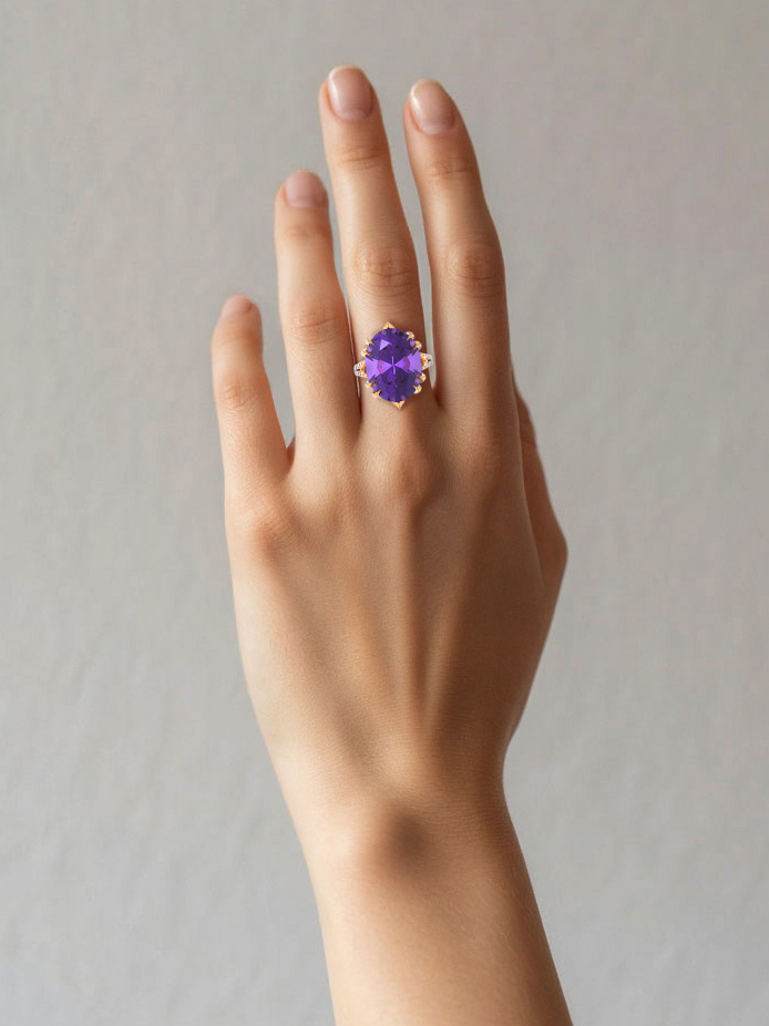 Кольцо из золота 585 с аметистом и бриллиантами | 9101018-02970