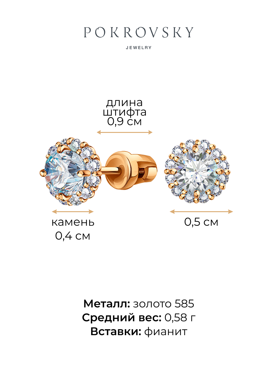 Серьги пусеты золотые 585 круглые с камнями фианитами | 6001145-00770
