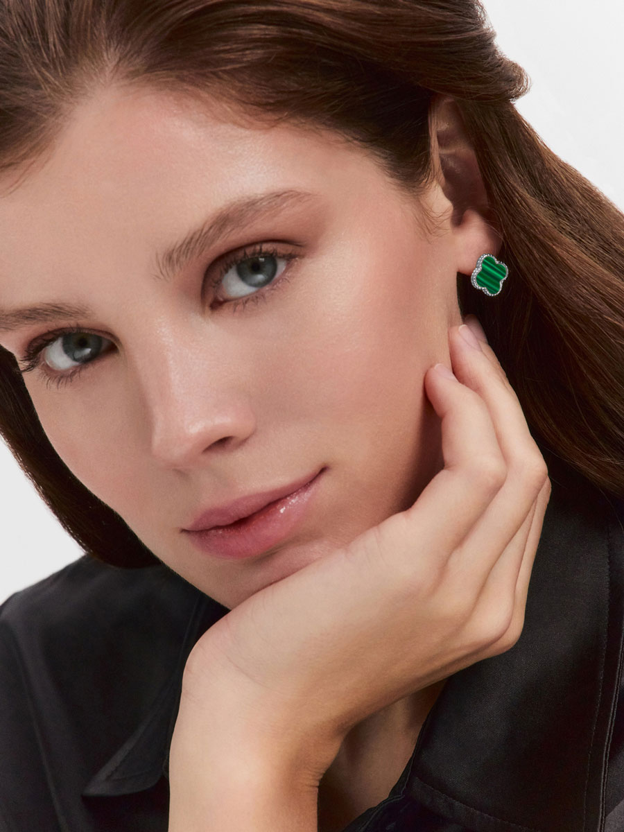 Серьги серебряные 925 клевер с зеленым малахитом | 0201785-05725