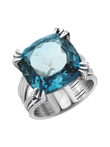 Кольцо из белого золота 585 с синим топазом  и бриллиантами