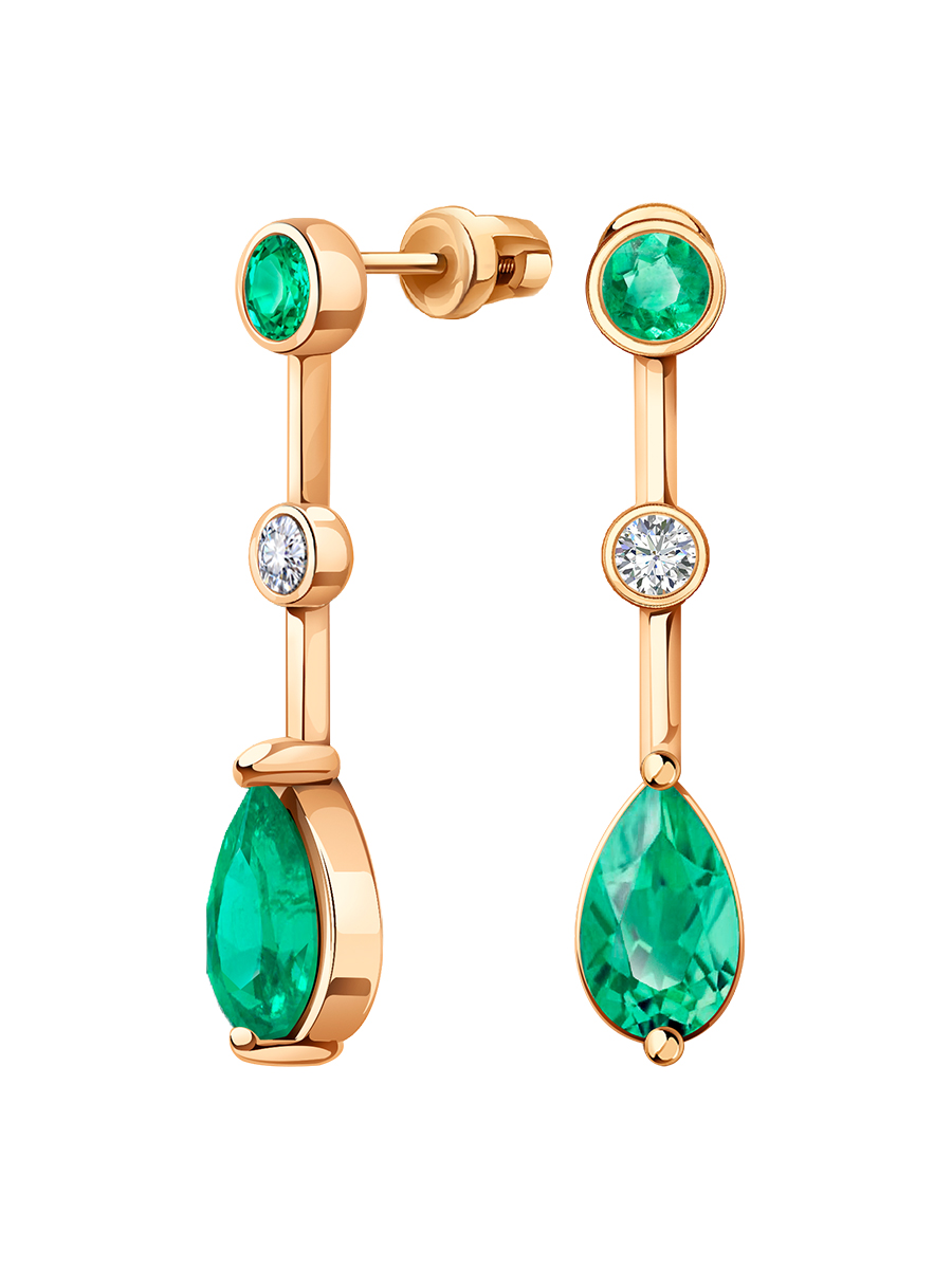 Серьги пусеты длинные золотые 585 с изумрудами и бриллиантами  | 6100259-10060