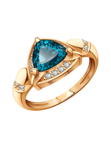 Кольцо золотое 585 с синим топазом и фианитами  