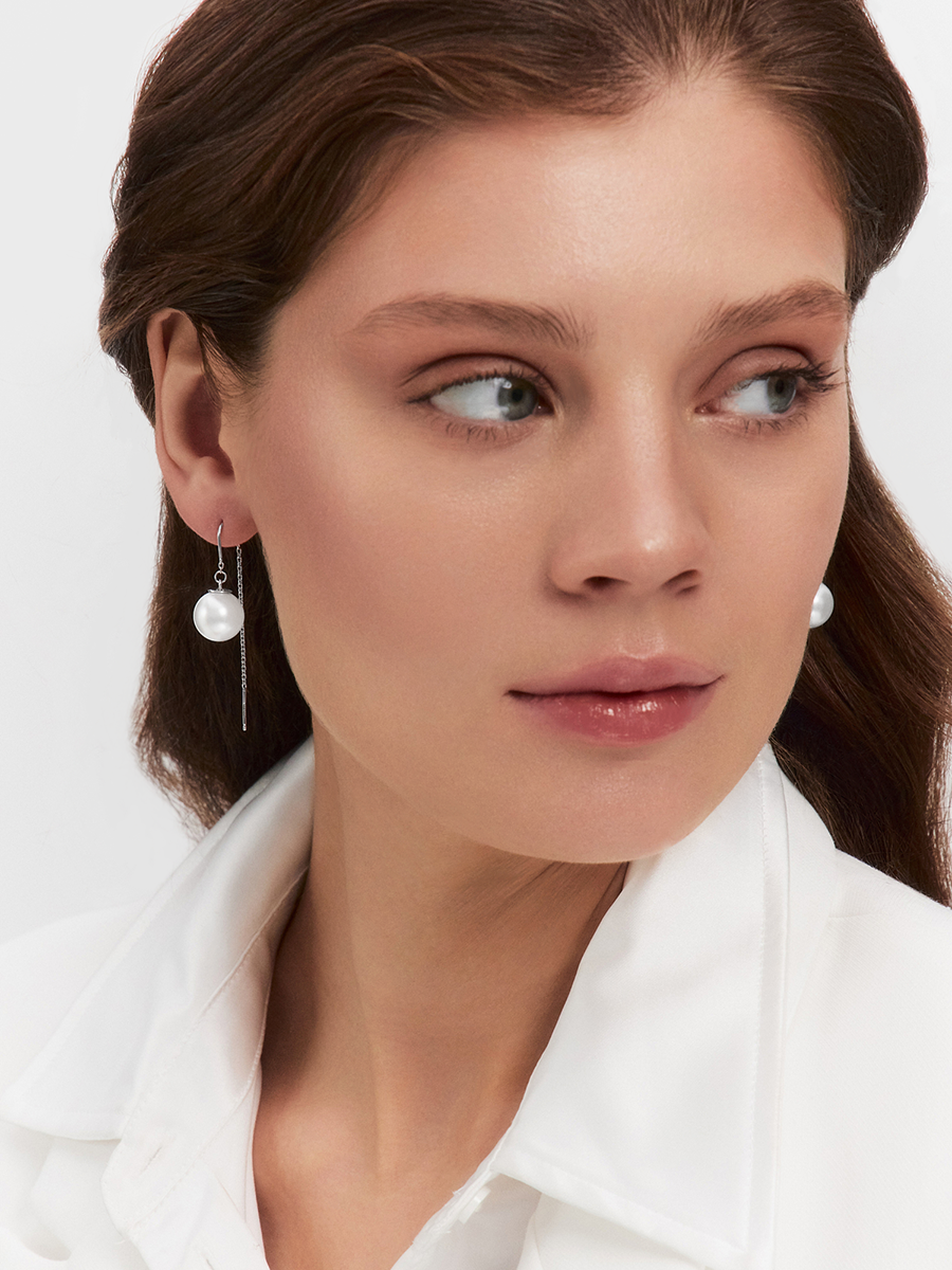 Серьги протяжки серебряные 925 с белым жемчугом  | 0222317-03675