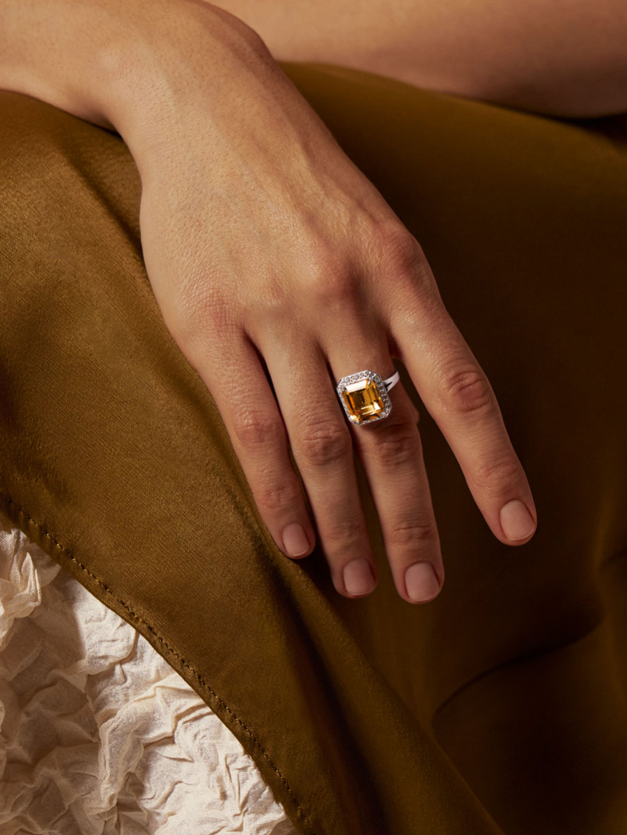 Кольцо из белого золота 585 с цитрином и бриллиантами | 9101215-02942