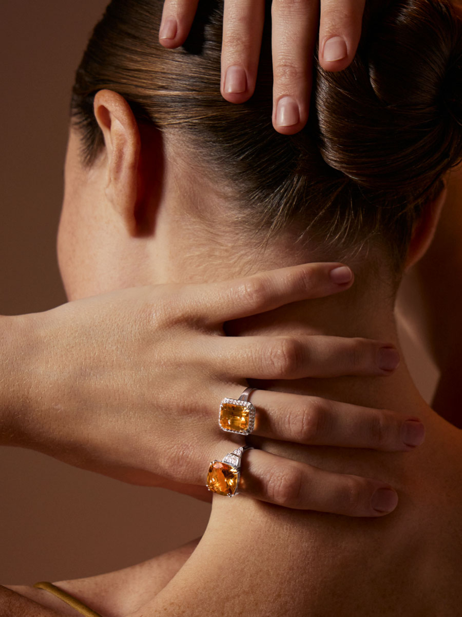 Кольцо из белого золота 585 с цитрином и бриллиантами | 9101215-02942