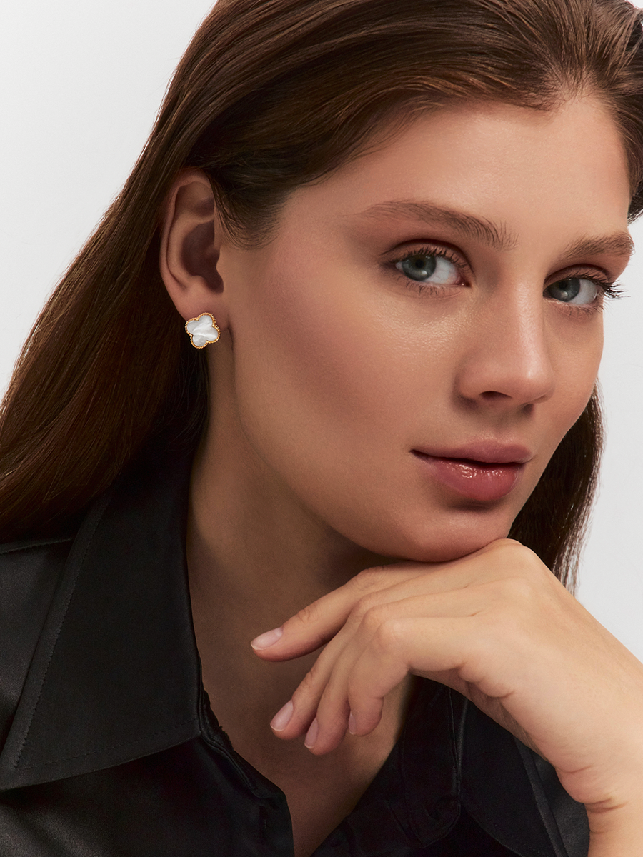 Серьги клевер золотые 585 с перламутром  | 0201785-00600