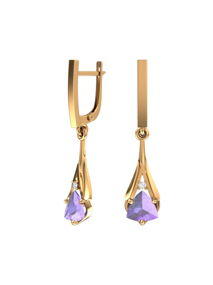 Серьги длинные золотые 585 с камнями аметистами  | 2100969-00230