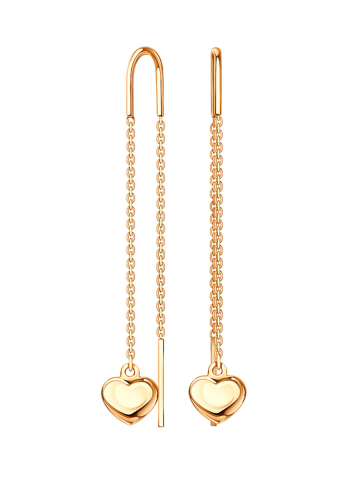 Серьги протяжки золотые 585 сердце без камней 