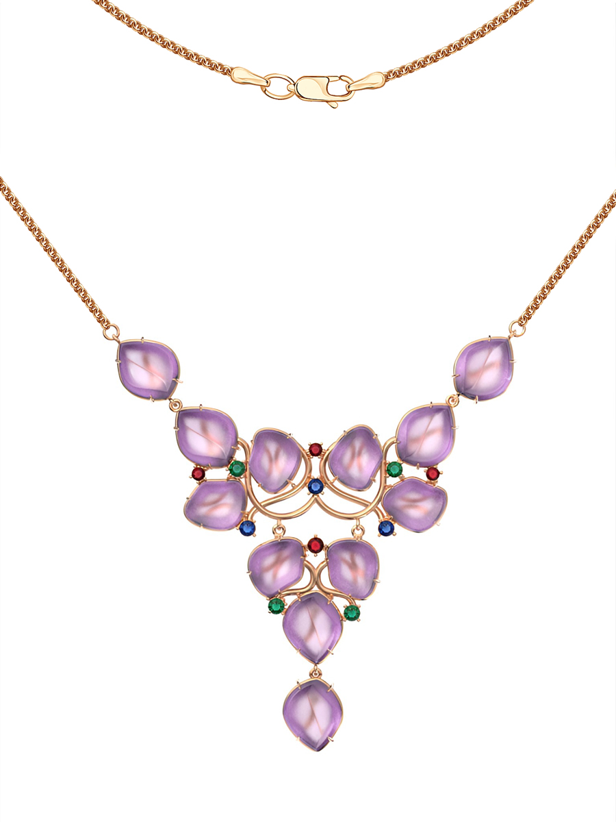 Колье золотое 585 с аметистами изумрудами и рубинами  | 9321251-05850