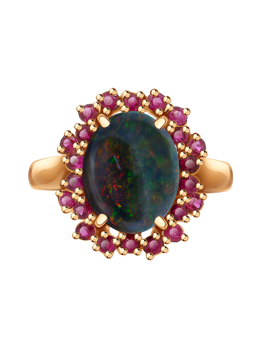 Кольцо золотое 585 с зеленым опалом и рубинами | 1101494-85000