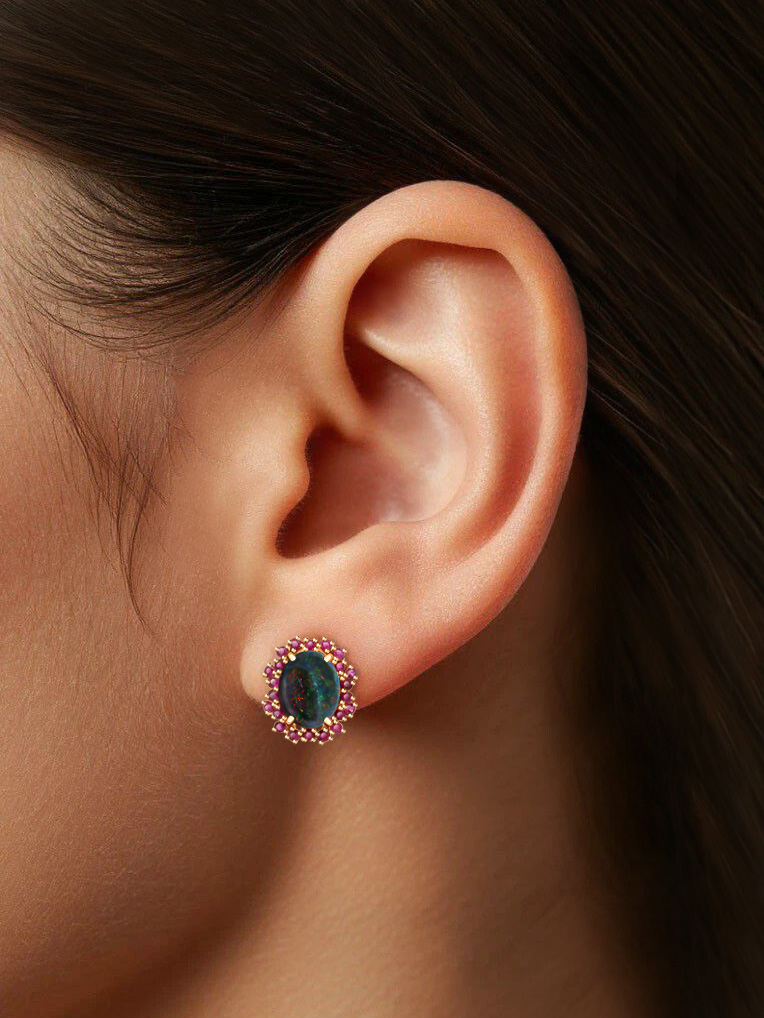 Серьги золотые 585 с опалом и рубинами  | 2101494-85000