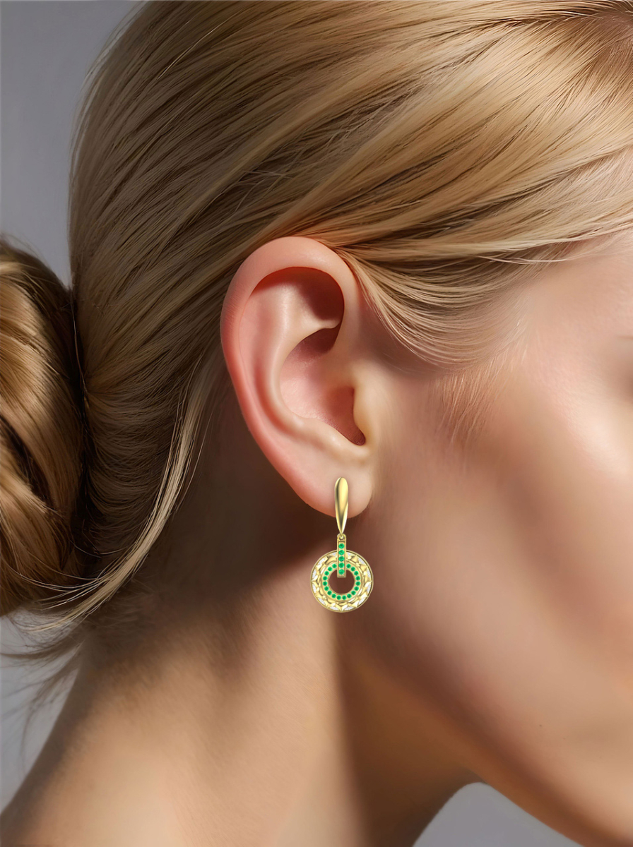 Серьги подвески золотые 585 с изумрудами и бриллиантами  | 2101354-00061