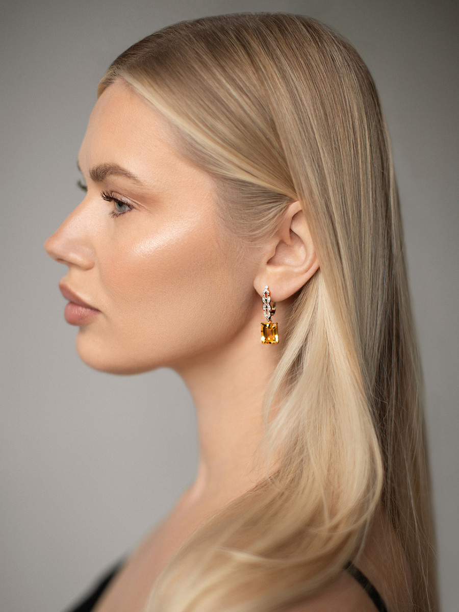 Серьги подвески золотые 585 с цитрином и бриллиантами | 9201350-01600