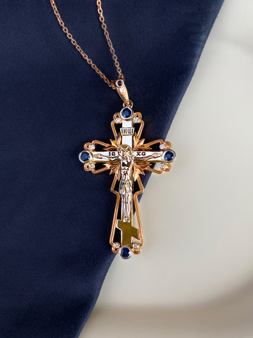 Крест мужской православный золотой 585 нательный с бриллиантами и сапфирами
