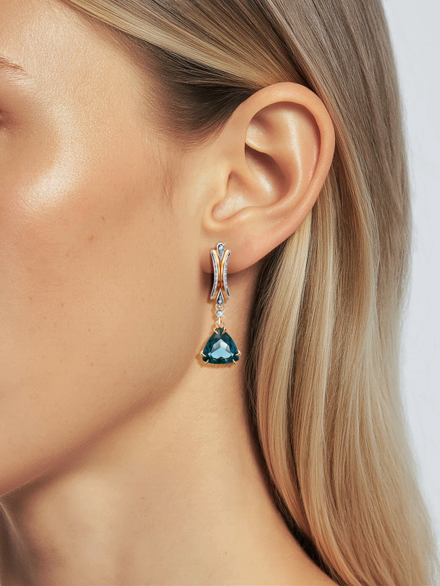 Серьги подвески золотые 585 с лондон‑блю топазами и бриллиантами  | 0202346М00160