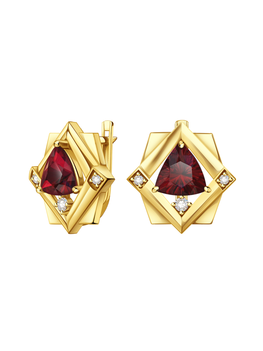 Серьги из жёлтого золота 585 с гранатом и фианитами | 2101426-00321