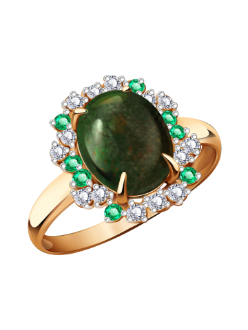 Кольцо золотое 585 с зеленым опалом изумрудами и бриллиантами