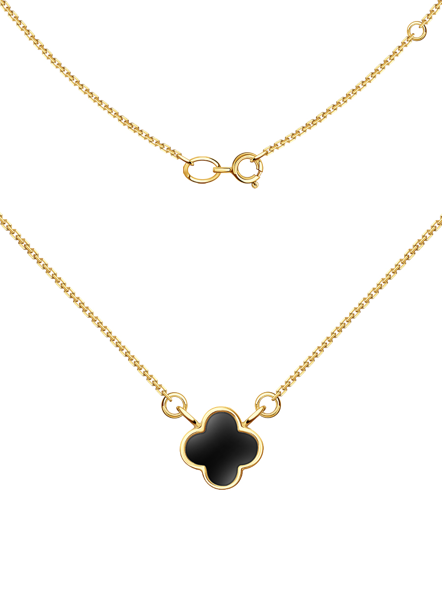 Колье клевер золотое 585 с черной эмалью | 9321036-00871