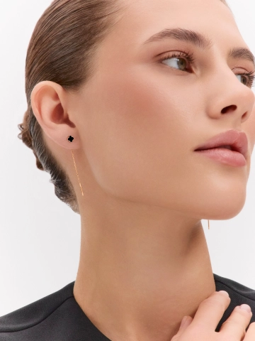 Серьги протяжки золотые 585 клевера с чёрной эмалью 