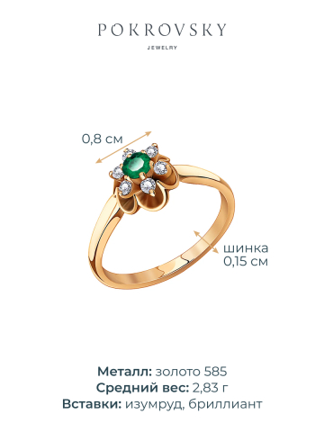 Кольцо цветок золотое 585 с изумрудом и бриллиантами