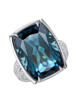 Кольцо из белого золота 585 с синим топазом и бриллиантами