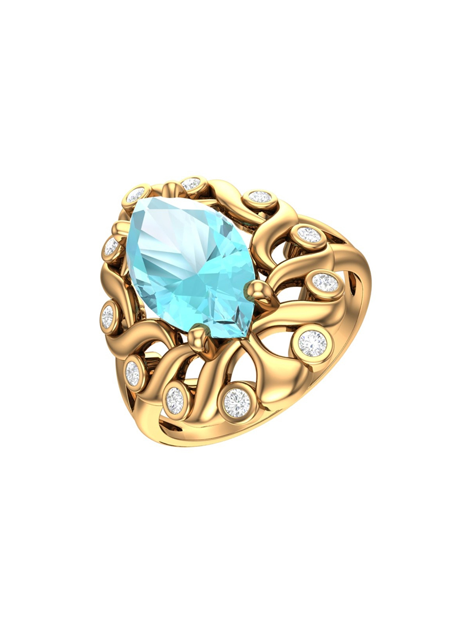 Кольцо золотое 585 с голубым топазом и бриллиантами | 9100865-02780