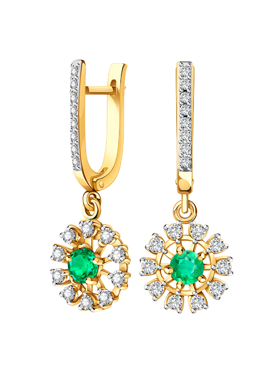 Серьги золотые 585 с изумрудами и бриллиантами | 2100236-00061