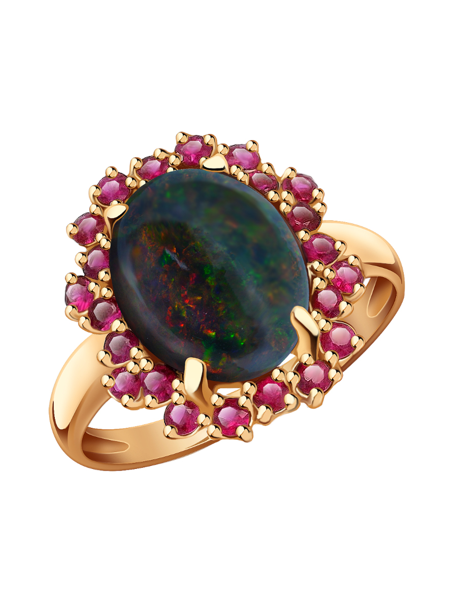 Кольцо золотое 585 с зеленым опалом и рубинами | 1101494-85000