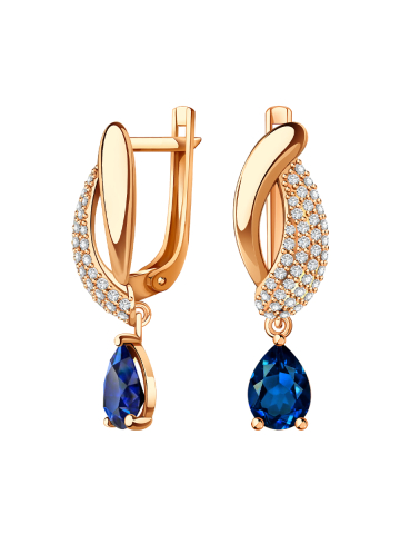 Серьги подвески золотые 585 с сапфирами и бриллиантами 