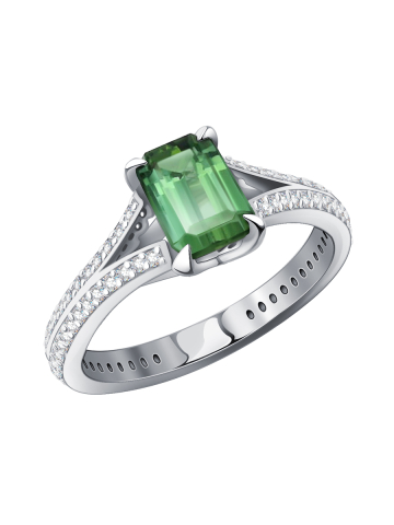Кольцо из белого золота 585 с зеленым турмалином и бриллиантами