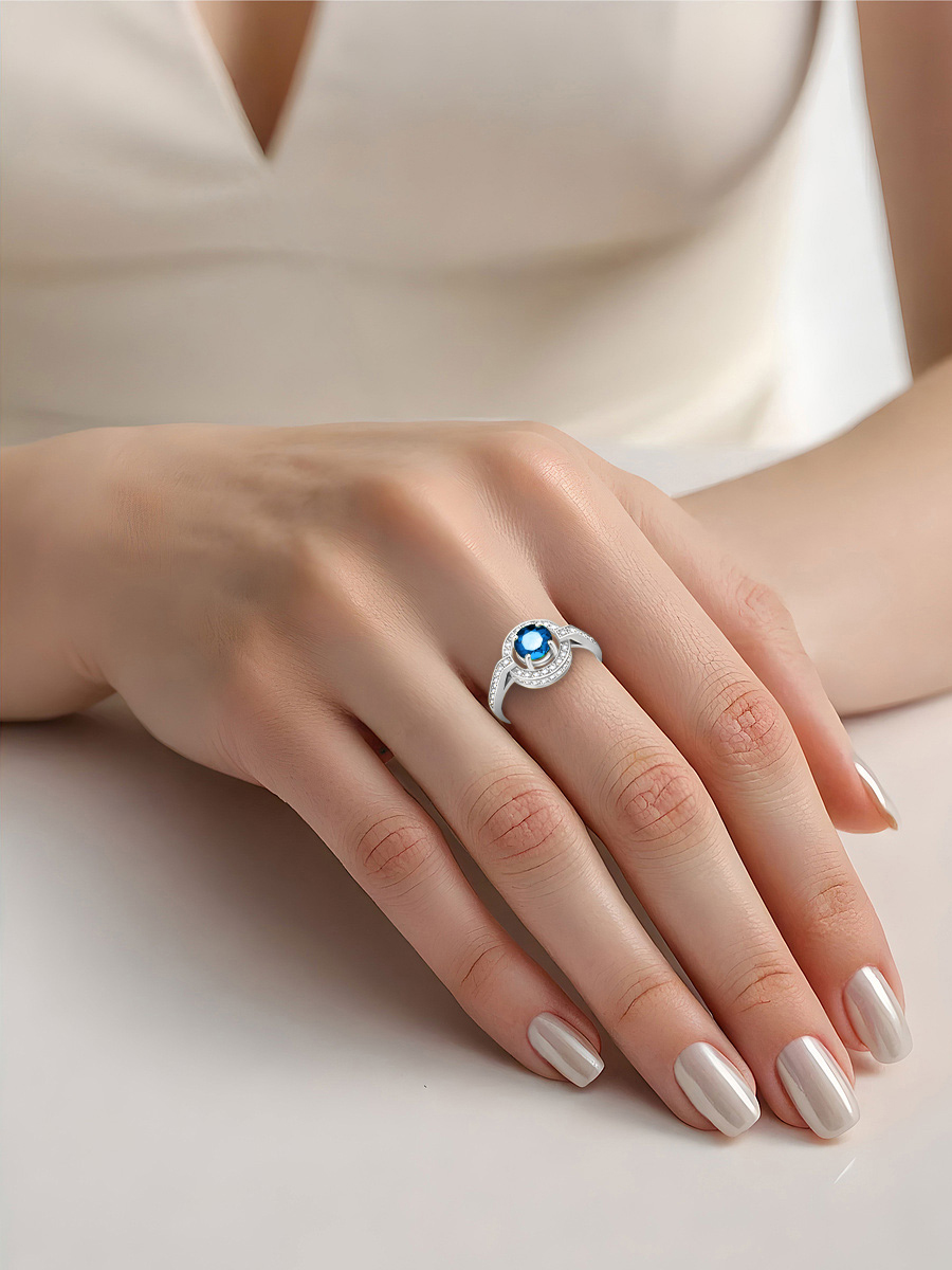 Кольцо из белого золота 585 с сапфиром и бриллиантами | 1100187-00052