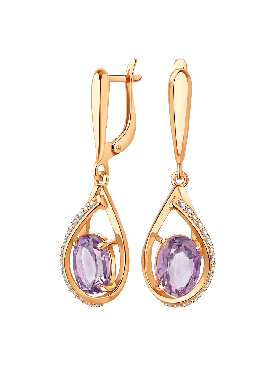 Серьги подвески золотые 585 с камнями аметистами и фианитами  | 2101185-00230