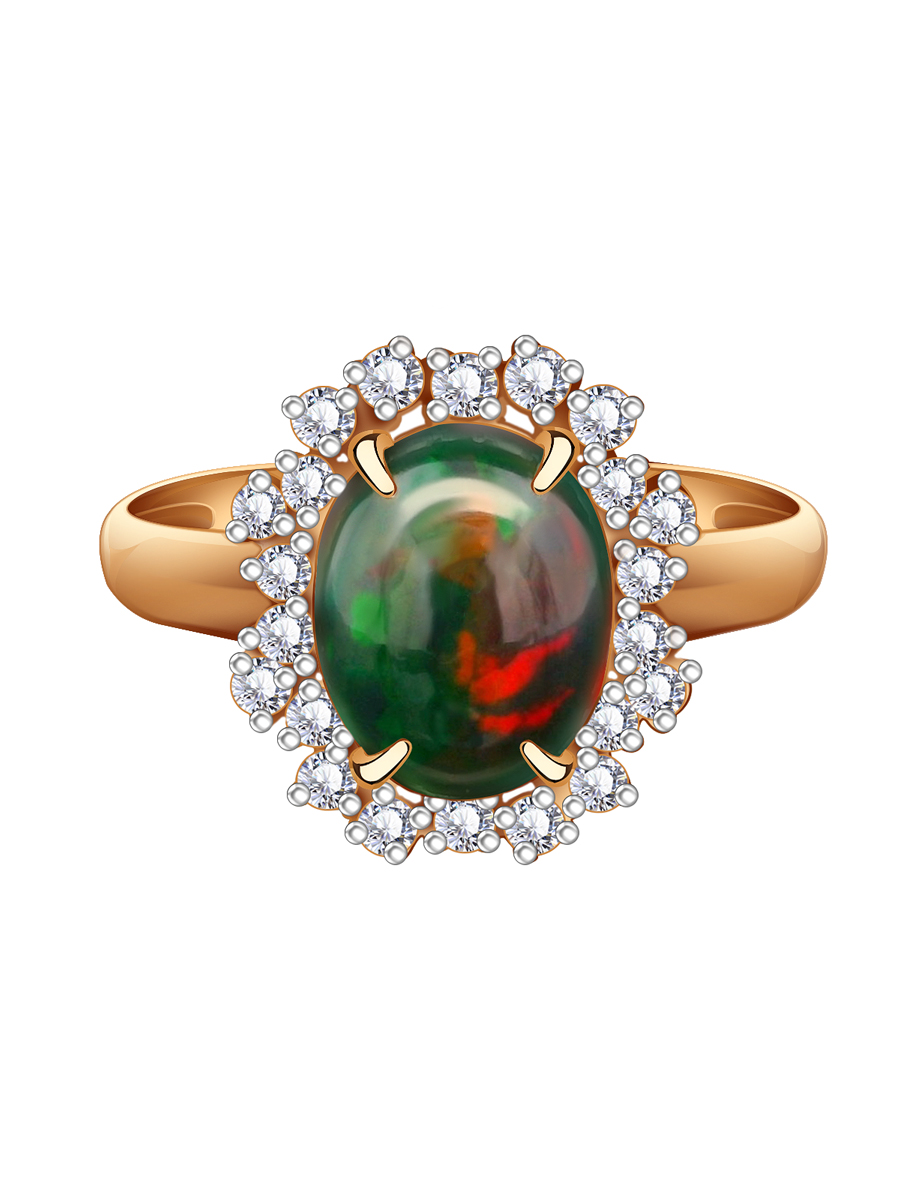 Кольцо золотое 585 с зеленым опалом и бриллиантами  | 1101494-13880