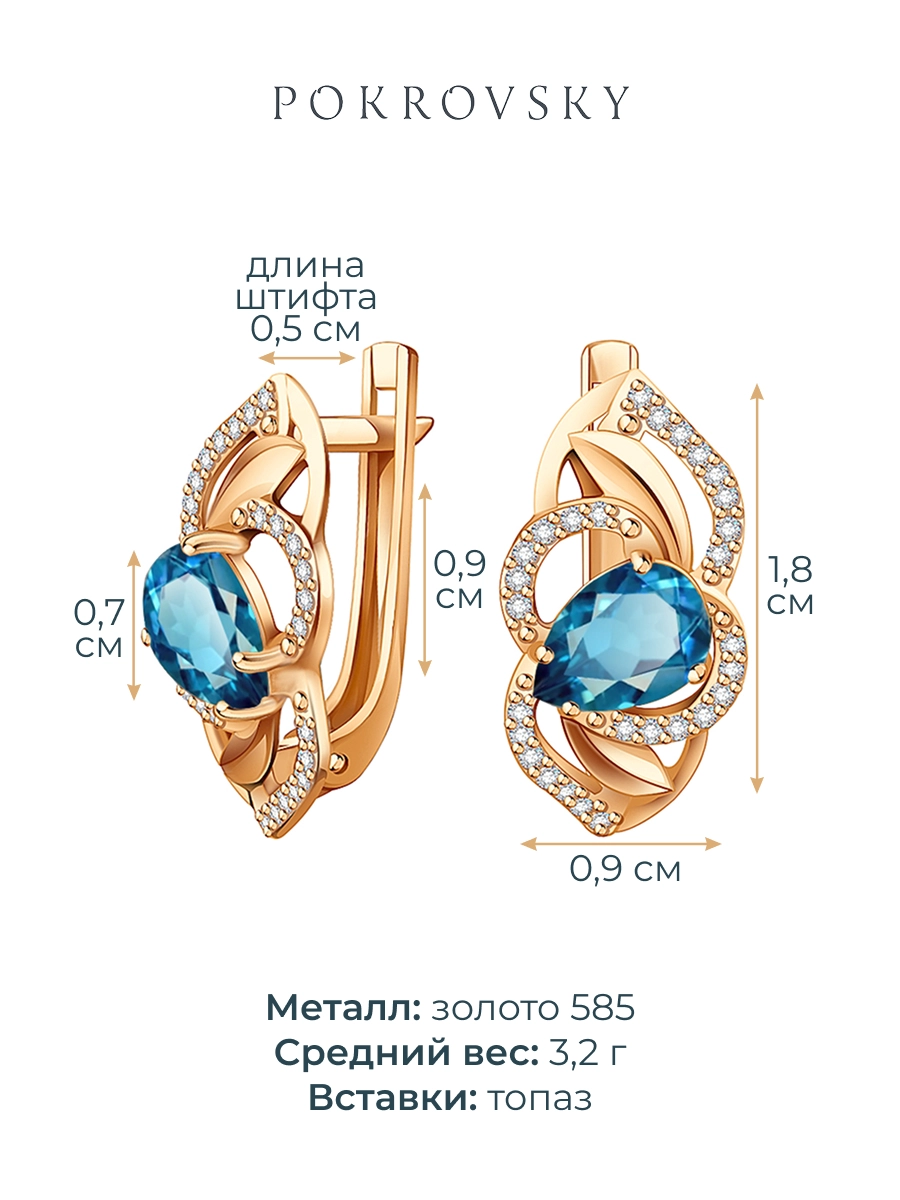 Серьги золотые 585 с лондон‑блю топазами и фианитами  | 2100980-00740