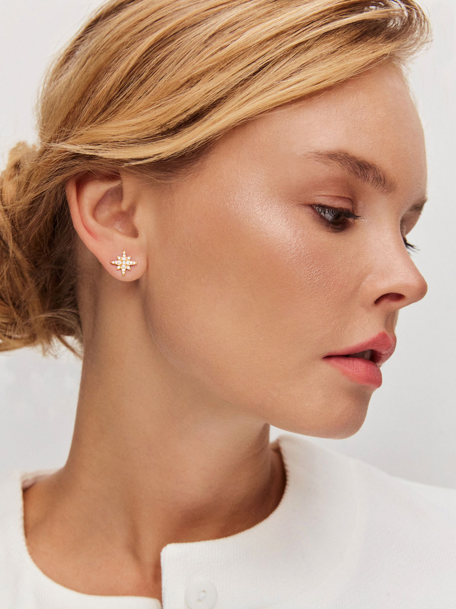 Серьги пусеты золотые 585 звезды с камнями фианитами | 6001826-00770