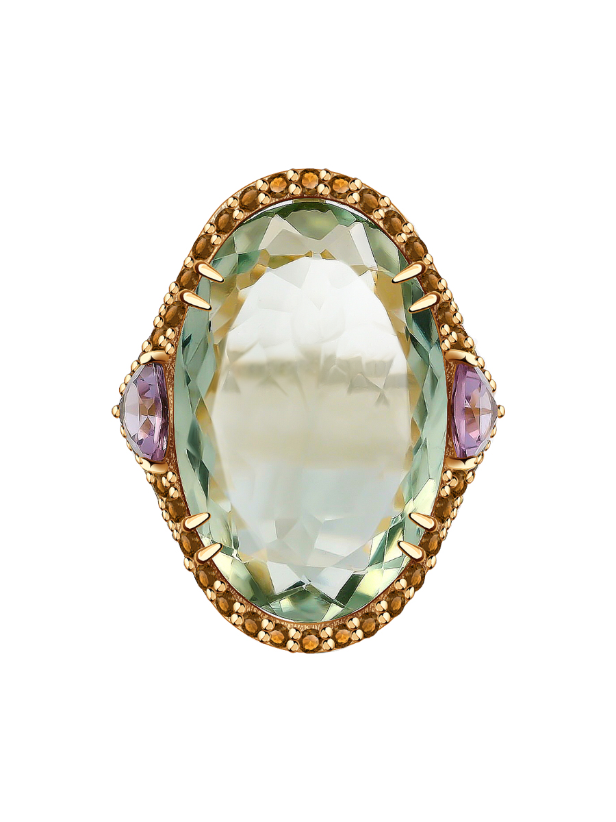 Кольцо золотое 585 с зеленым аметистом и сапфирами  | 9101372-05851