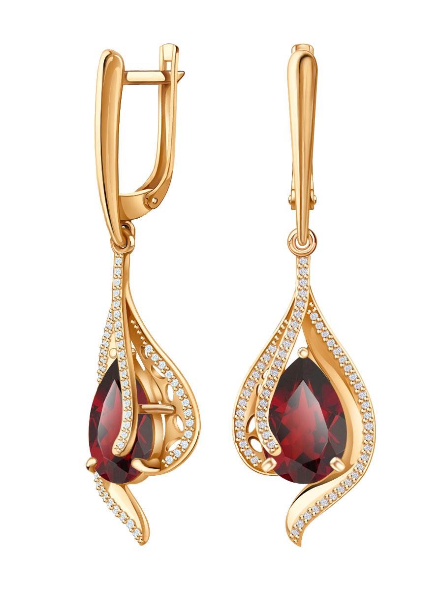 Серьги подвески золотые 585 с гранатами и фианитами  | 2101257-00320